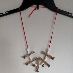 Vintage Handcrafted Wooden Reindeer  Necklace with beads & bells